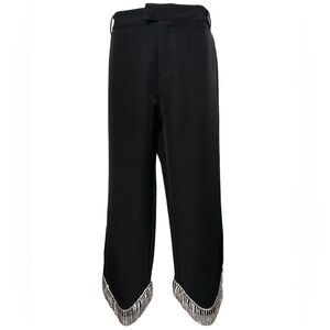 Gracia Rhinestone Fringed Detail Hemmed Cropped Trousers